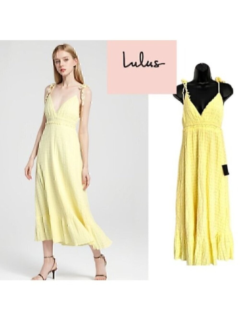 🆕Lulus Light Yellow Smocked Tie-Strap Midi Dress Size Medium NWT Retails $80